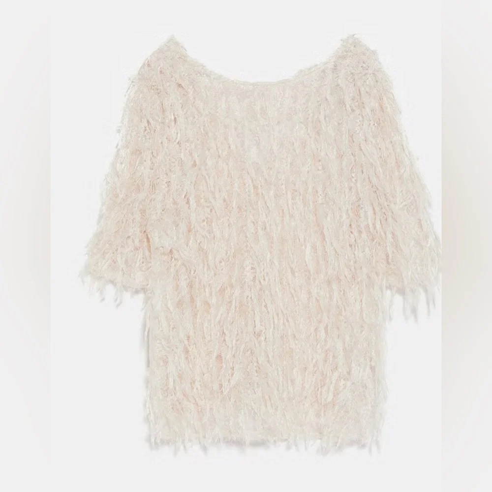 Zara Cream Textured Fringe Short-Sleeve Top Size M